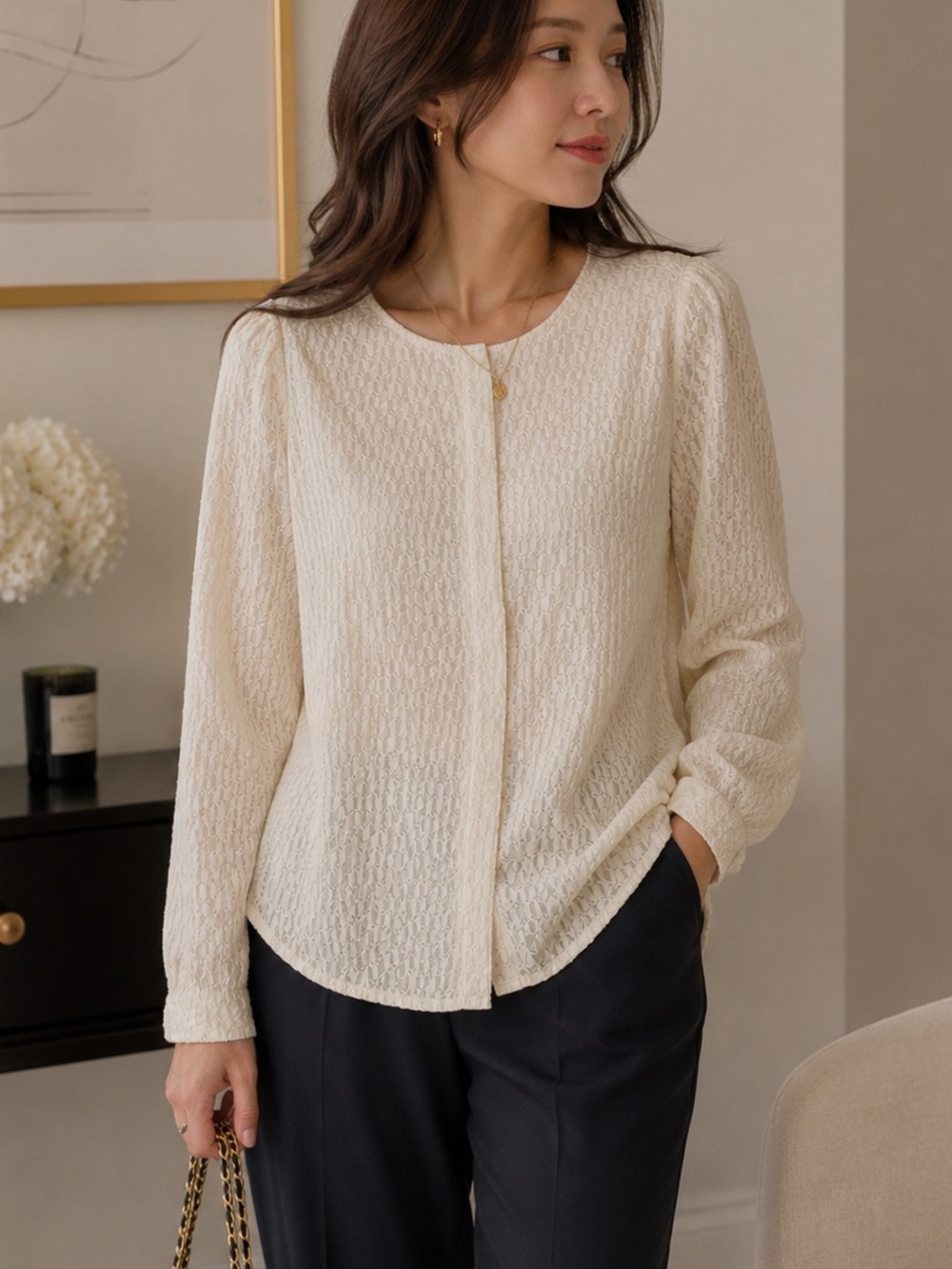 Talbots Cream Textured Long-Sleeve Blouse